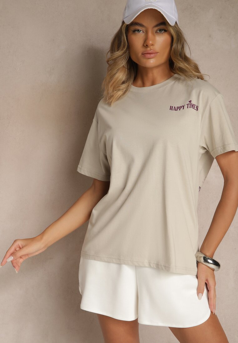 Jasnobeżowy T-shirt z Bawełny o Kroju Oversize Fillinea