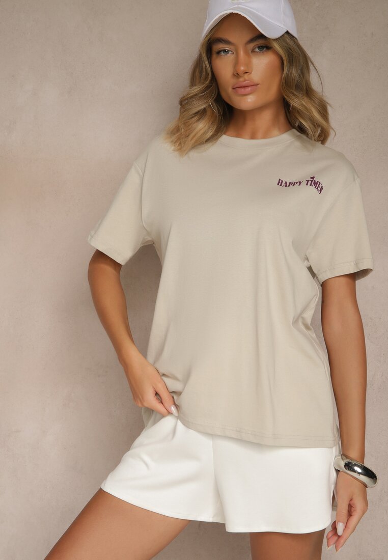 Jasnobeżowy T-shirt z Bawełny o Kroju Oversize Fillinea