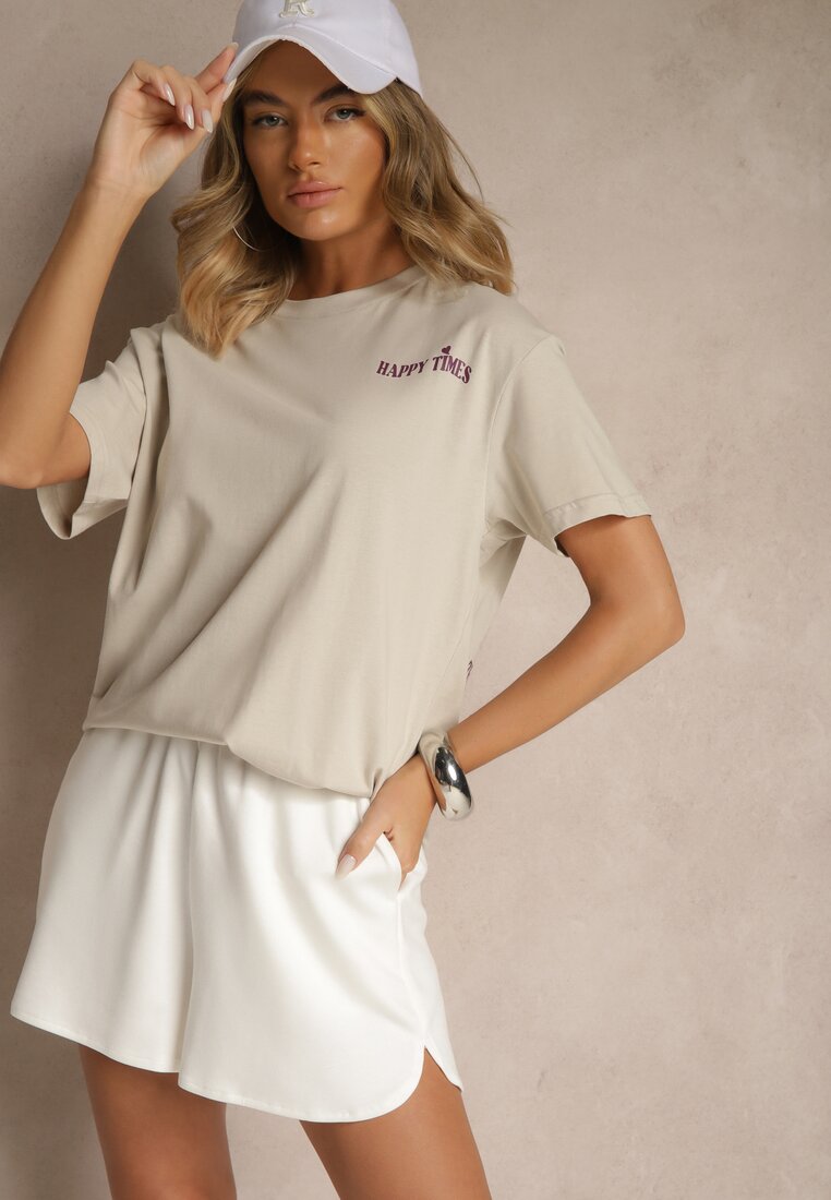 Jasnobeżowy T-shirt z Bawełny o Kroju Oversize Fillinea