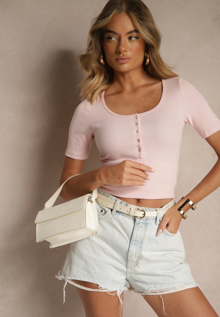Różowy Bawełniany T-shirt Prążkowany z Guzikami Florvivi