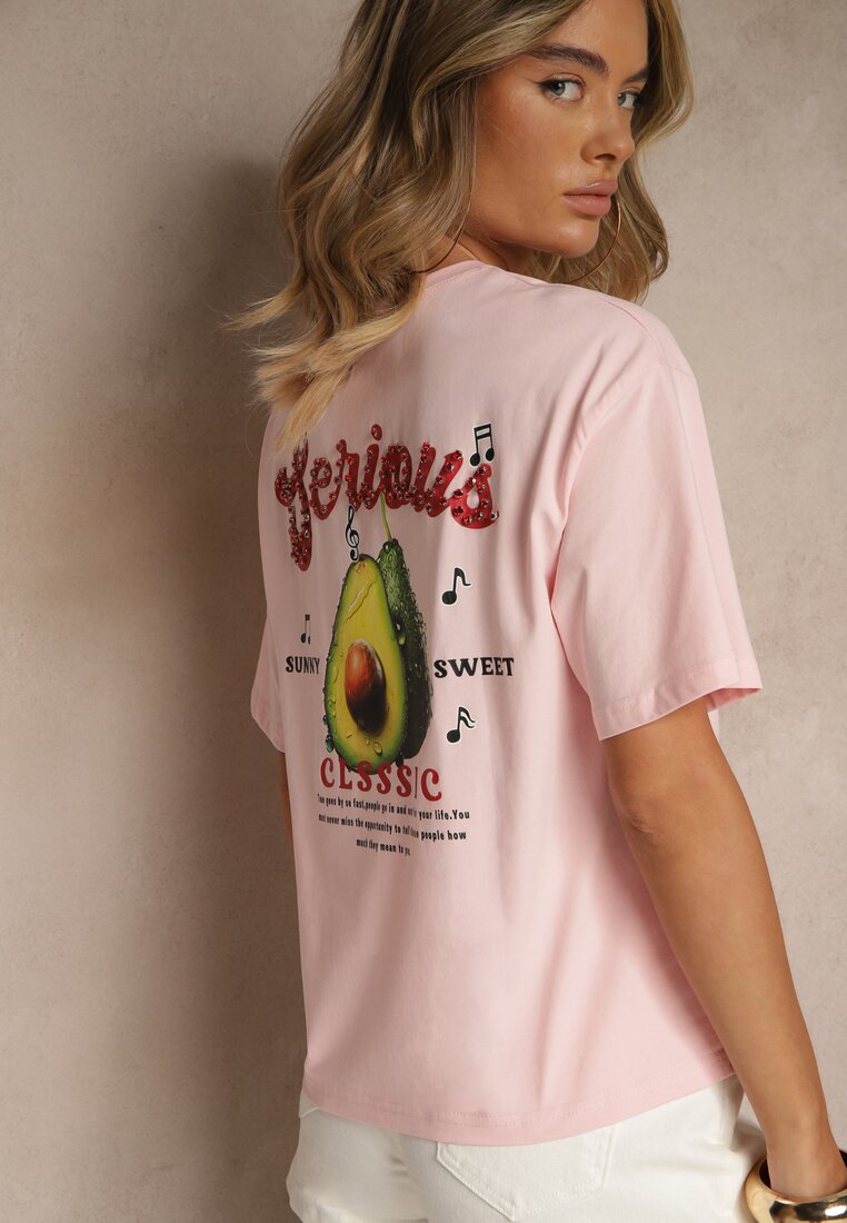Różowy T-shirt z Bawełną ze Wzorem Awokado Tilannia
