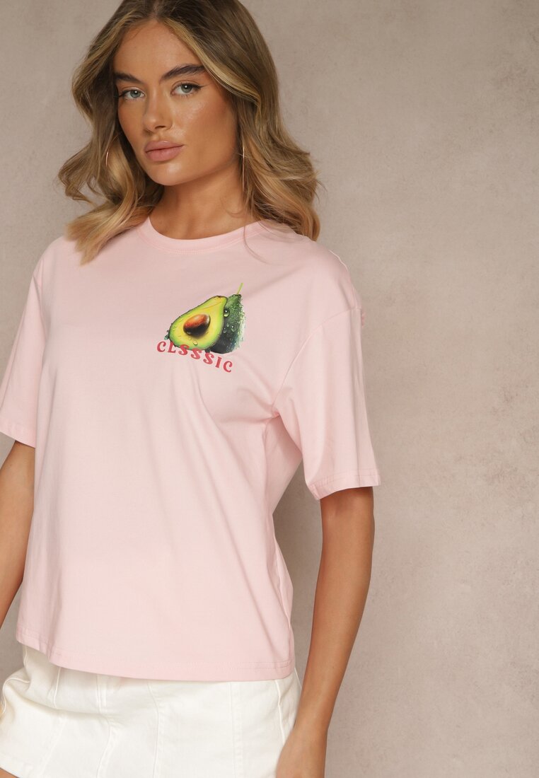 Różowy T-shirt z Bawełną ze Wzorem Awokado Tilannia