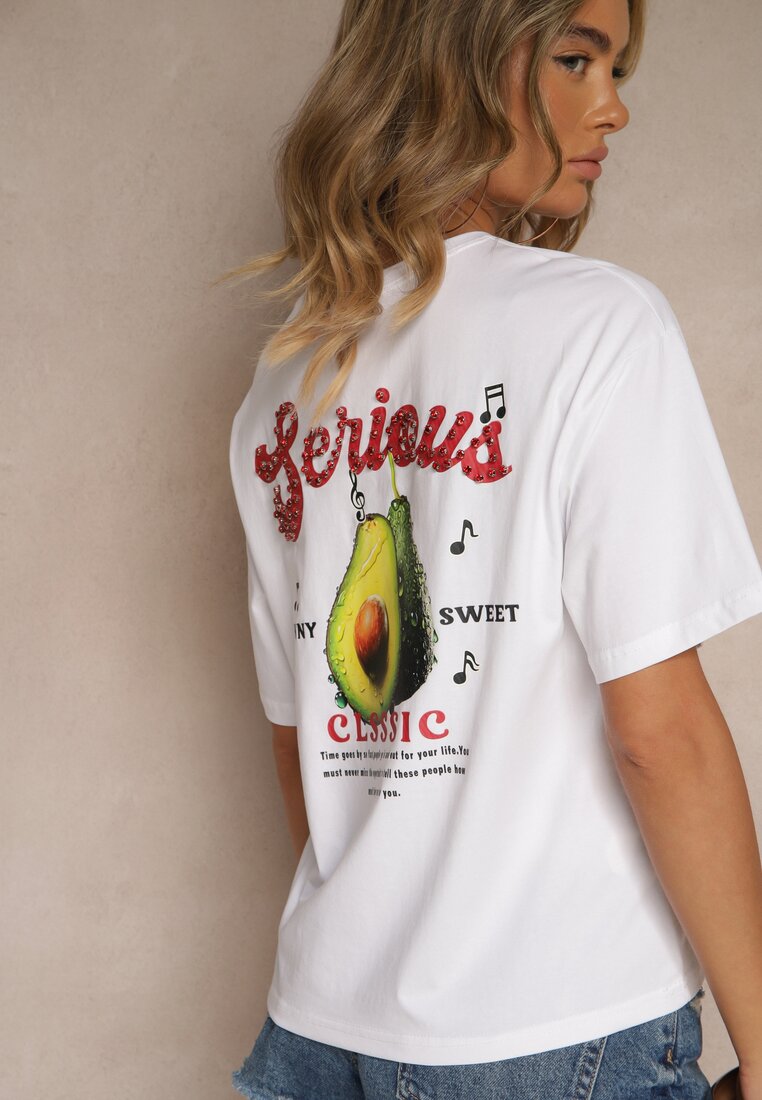 Biały T-shirt z Bawełną ze Wzorem Awokado Tilannia