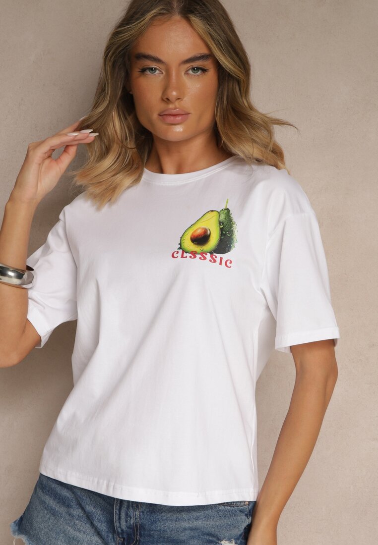 Biały T-shirt z Bawełną ze Wzorem Awokado Tilannia