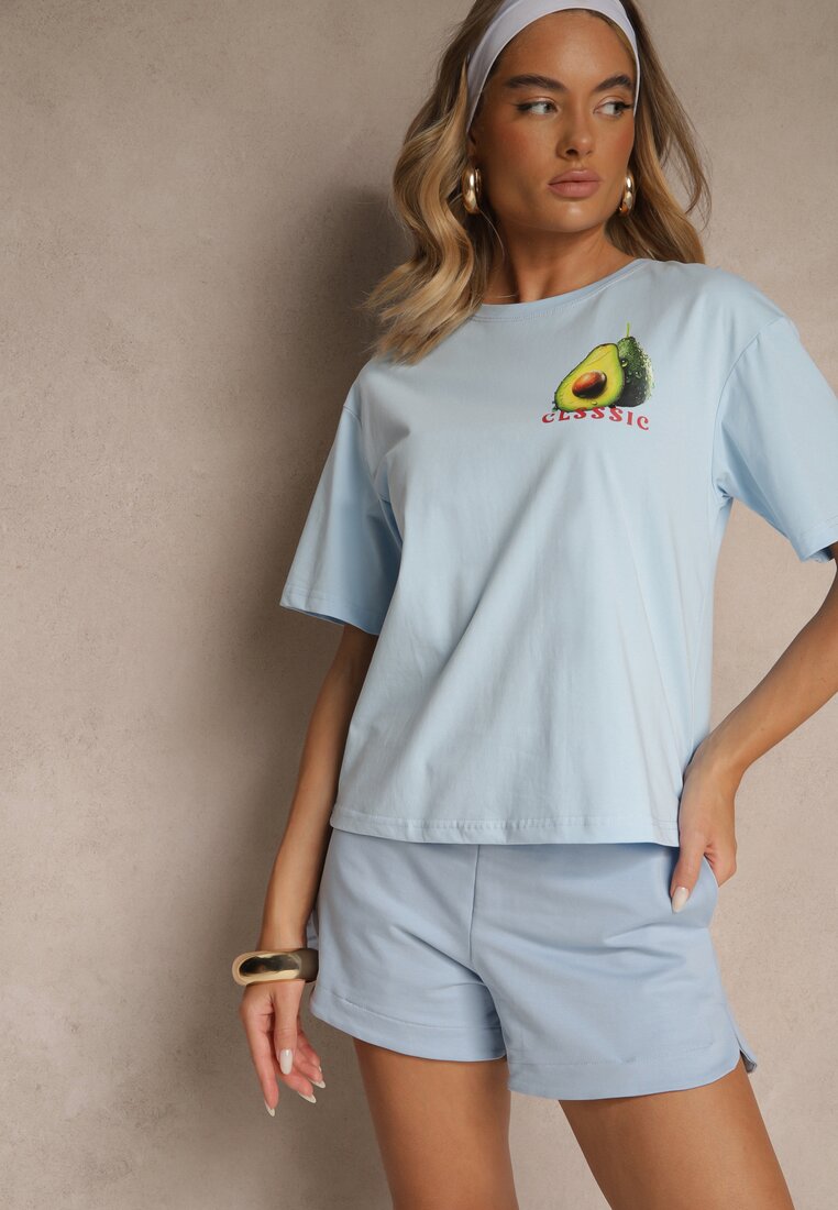 Niebieski T-shirt z Bawełną ze Wzorem Awokado Tilannia