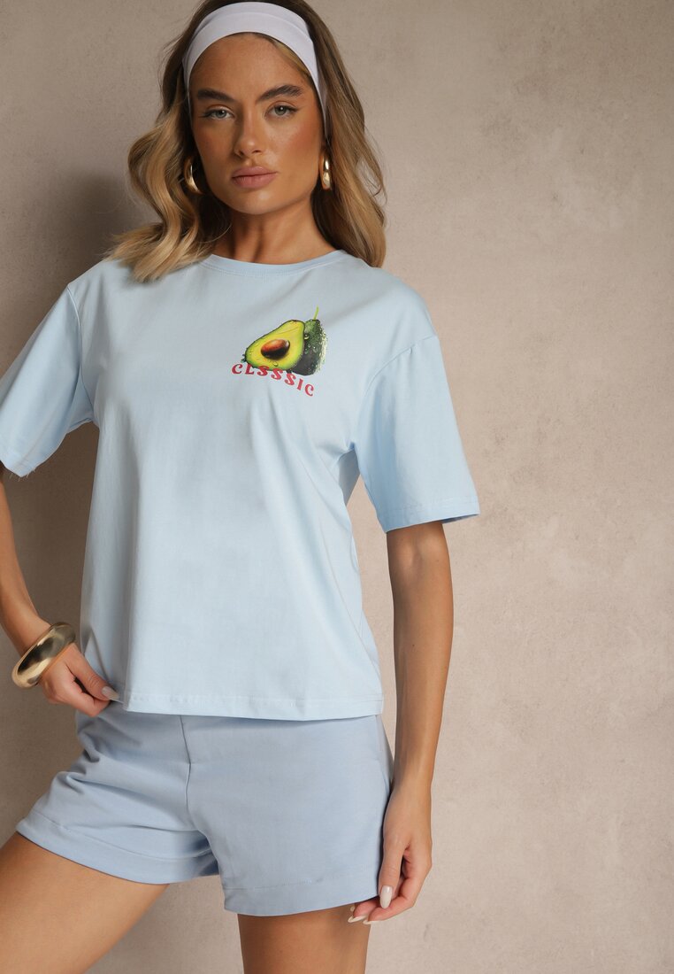 Niebieski T-shirt z Bawełną ze Wzorem Awokado Tilannia