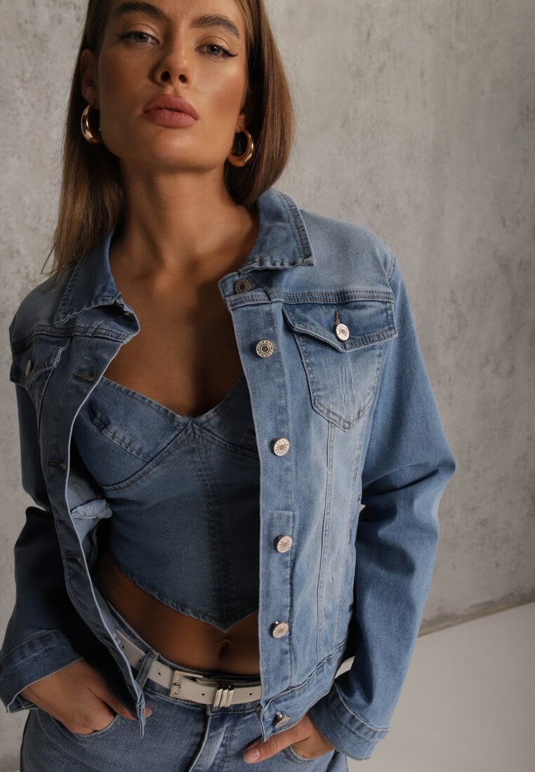 Jasnoniebieska Klasyczna Kurtka Jeansowa z Guzikami Ivonelle