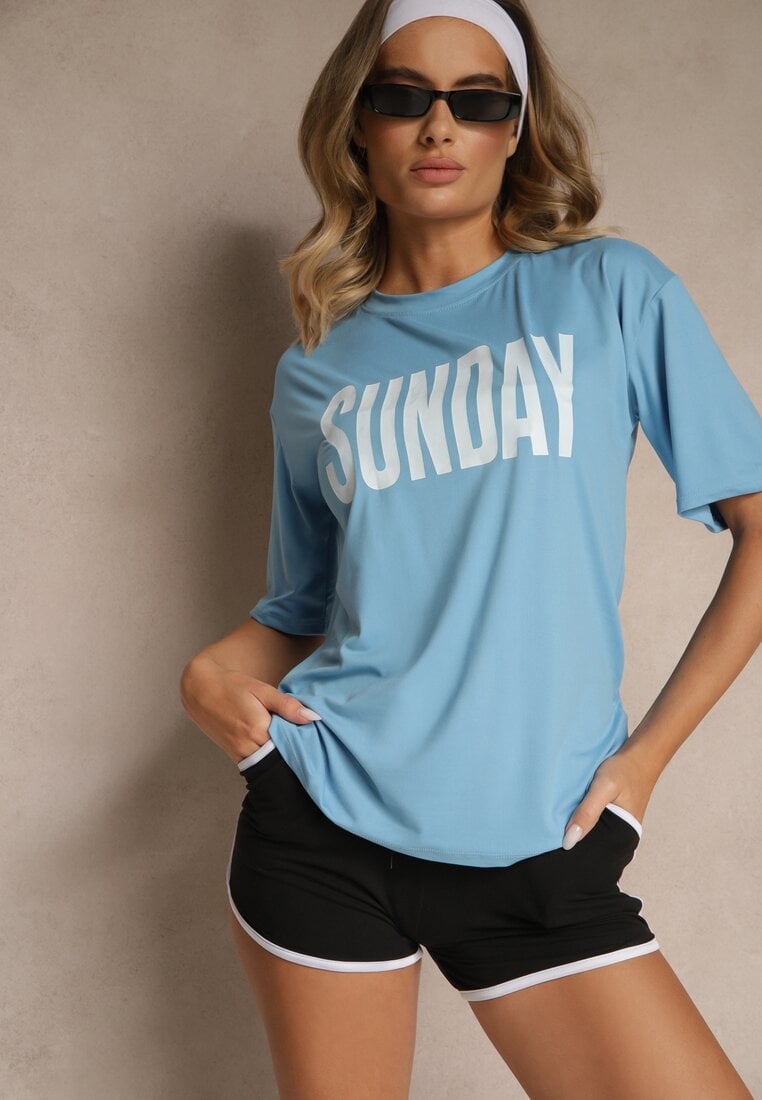Niebiesko-Czarny Komplet T-shirt z Nadrukiem i Szorty w Sportowym Stylu Aravire