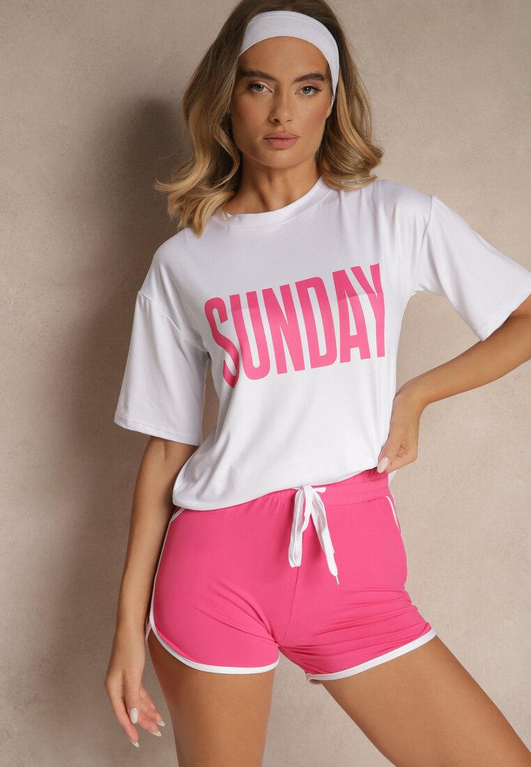 Biało-Fuksjowy Komplet T-shirt z Nadrukiem i Szorty w Sportowym Stylu Aravire