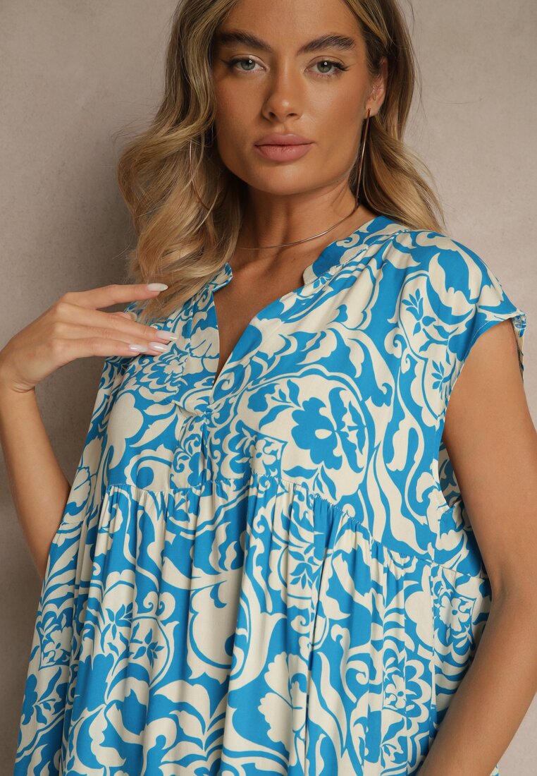Niebieska Sukienka Oversize z Bawełny z Ornamentnym Wzorem Folazea