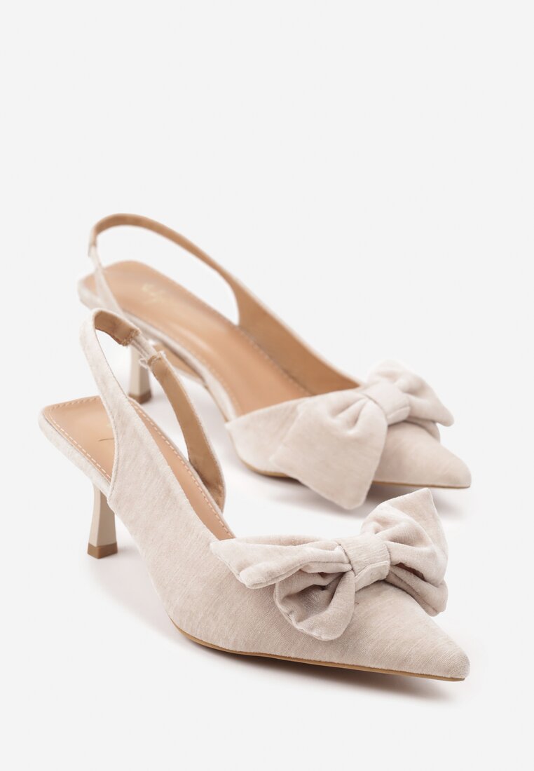 Beżowe Sandały na Szpilce Slingback z Kokardą Sunaiel