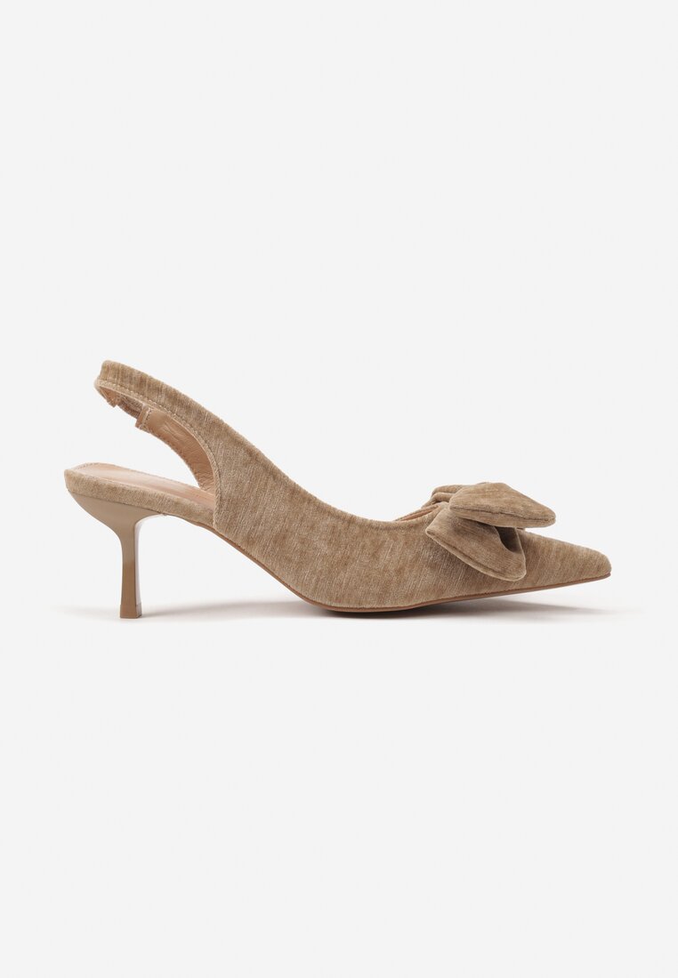 Ciemnobeżowe Sandały na Szpilce Slingback z Kokardą Sunaiel