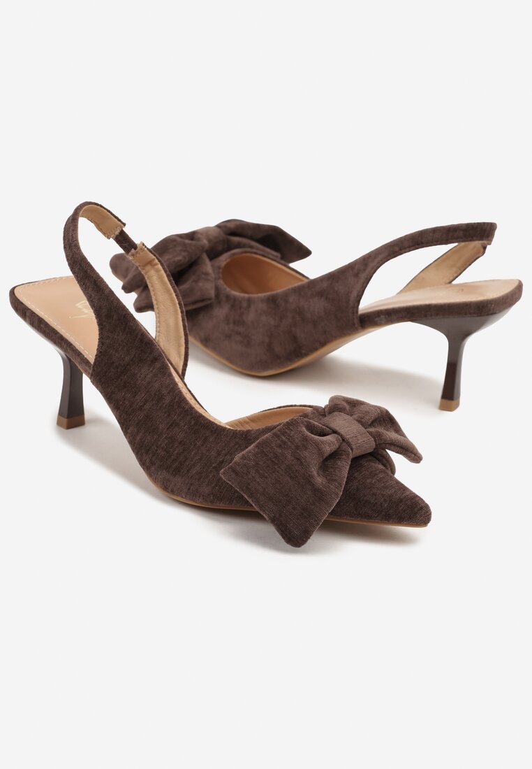 Brązowe Sandały na Szpilce Slingback z Kokardą Sunaiel