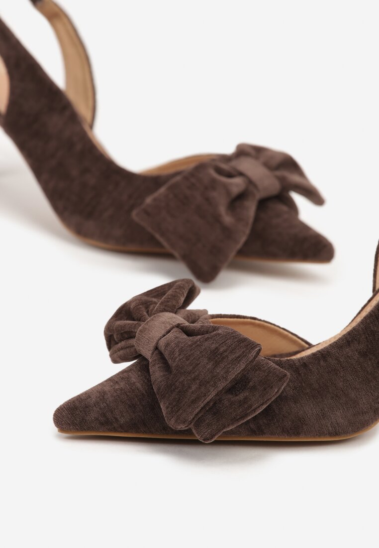 Brązowe Sandały na Szpilce Slingback z Kokardą Sunaiel