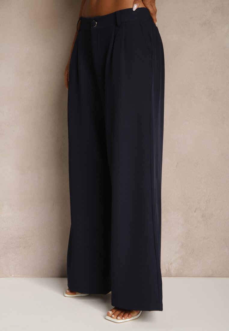 Granatowe Spodnie o Szerokim Kroju High Waist Dolarenna