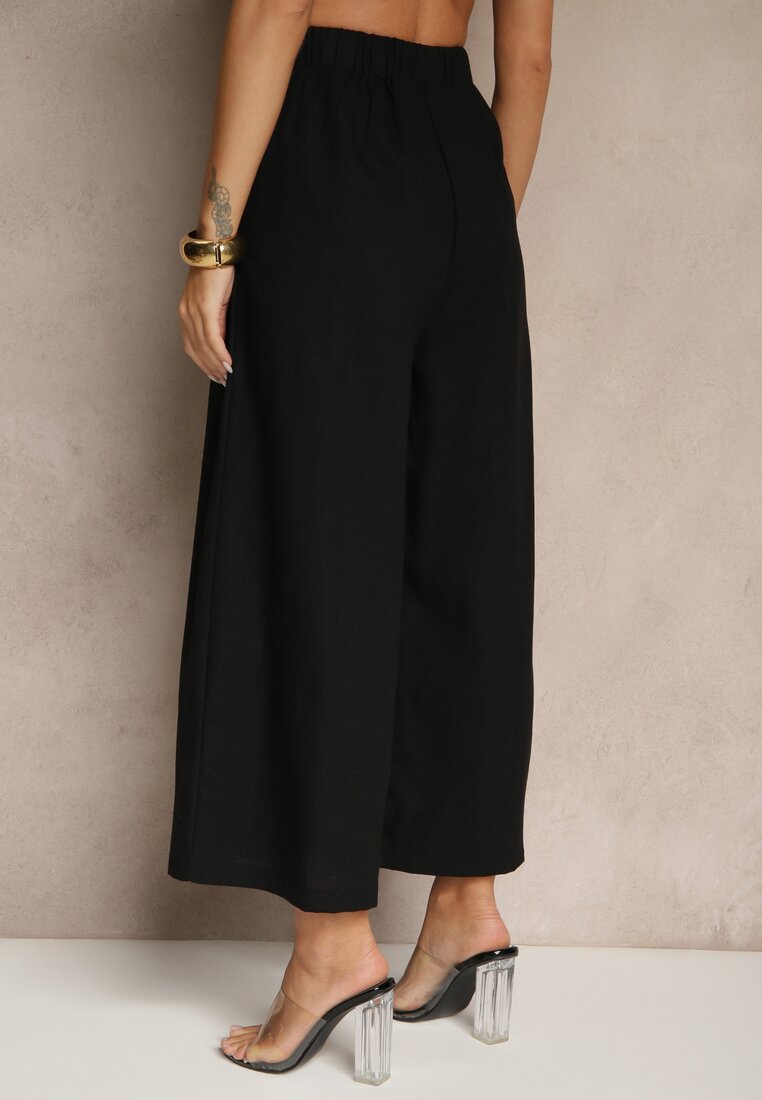 Czarne Spodnie Culottes High Waist z Bawełny Zdobione Guzikami Izuma