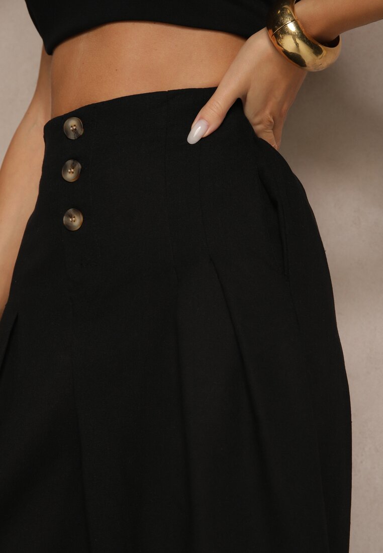 Czarne Spodnie Culottes High Waist z Bawełny Zdobione Guzikami Izuma