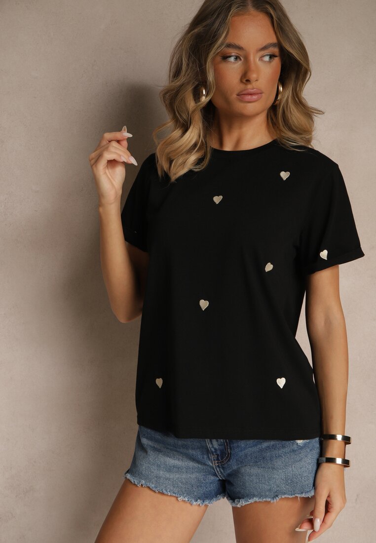 Czarny Bawełniany T-shirt z Motywem Serc Aramiraa