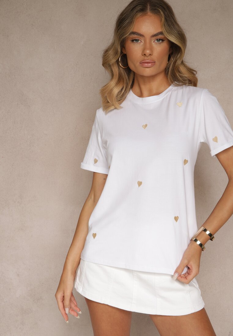 Biało-Beżowy Bawełniany T-shirt z Motywem Serc Aramiraa
