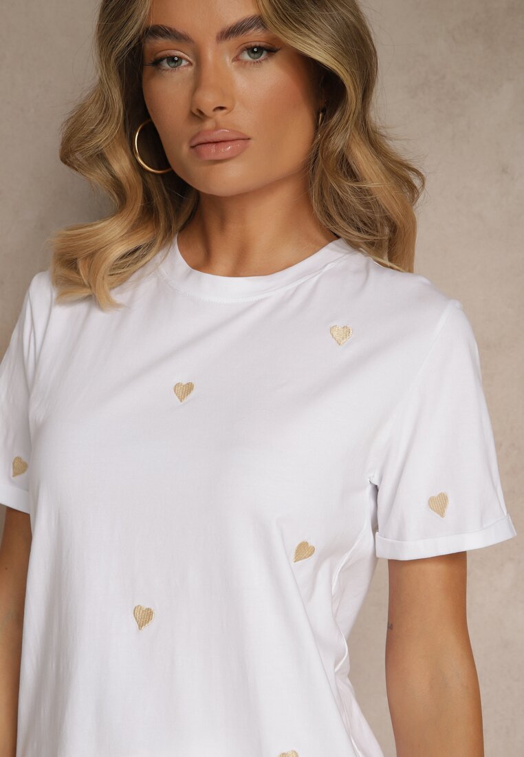 Biało-Beżowy Bawełniany T-shirt z Motywem Serc Aramiraa