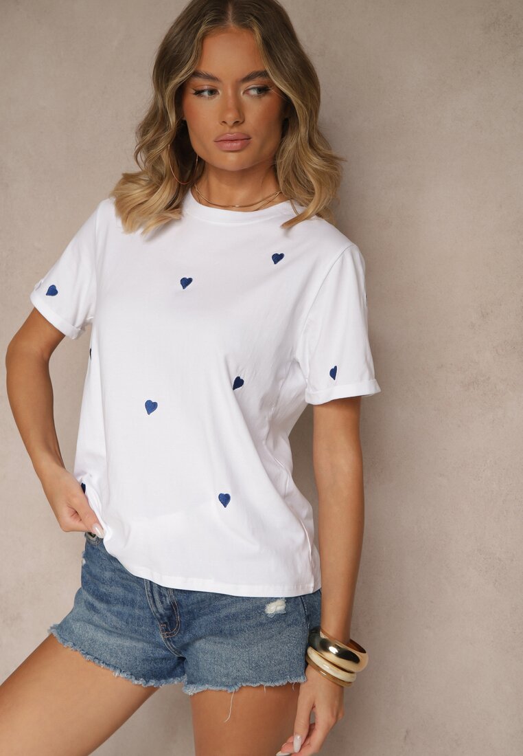 Biało-Niebieski Bawełniany T-shirt z Motywem Serc Aramiraa