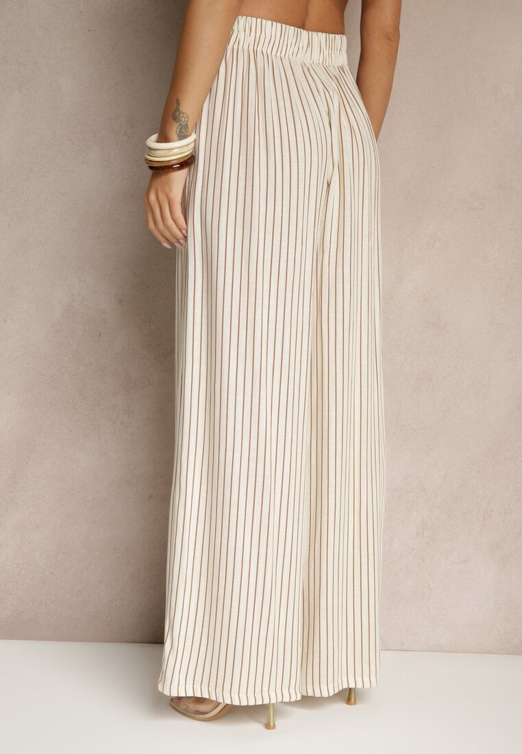 Beżowo-Brązowe Szerokie Spodnie High Waist w Paski z Bawełny Silorea