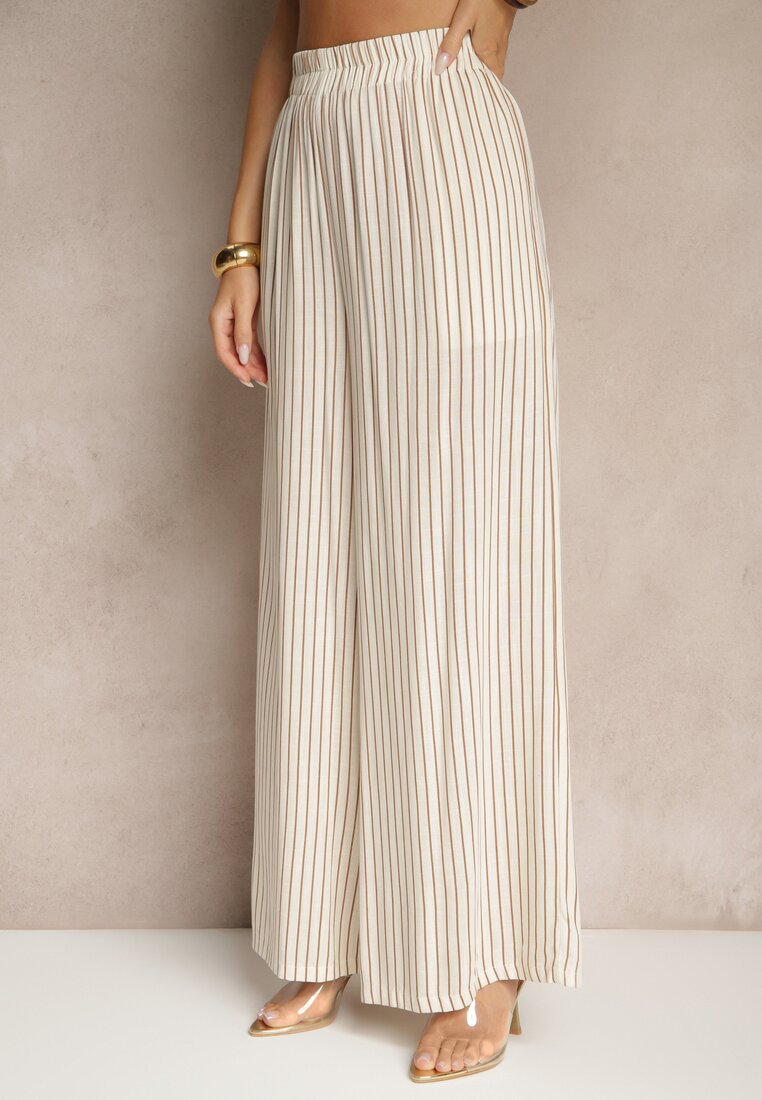 Beżowo-Brązowe Szerokie Spodnie High Waist w Paski z Bawełny Silorea