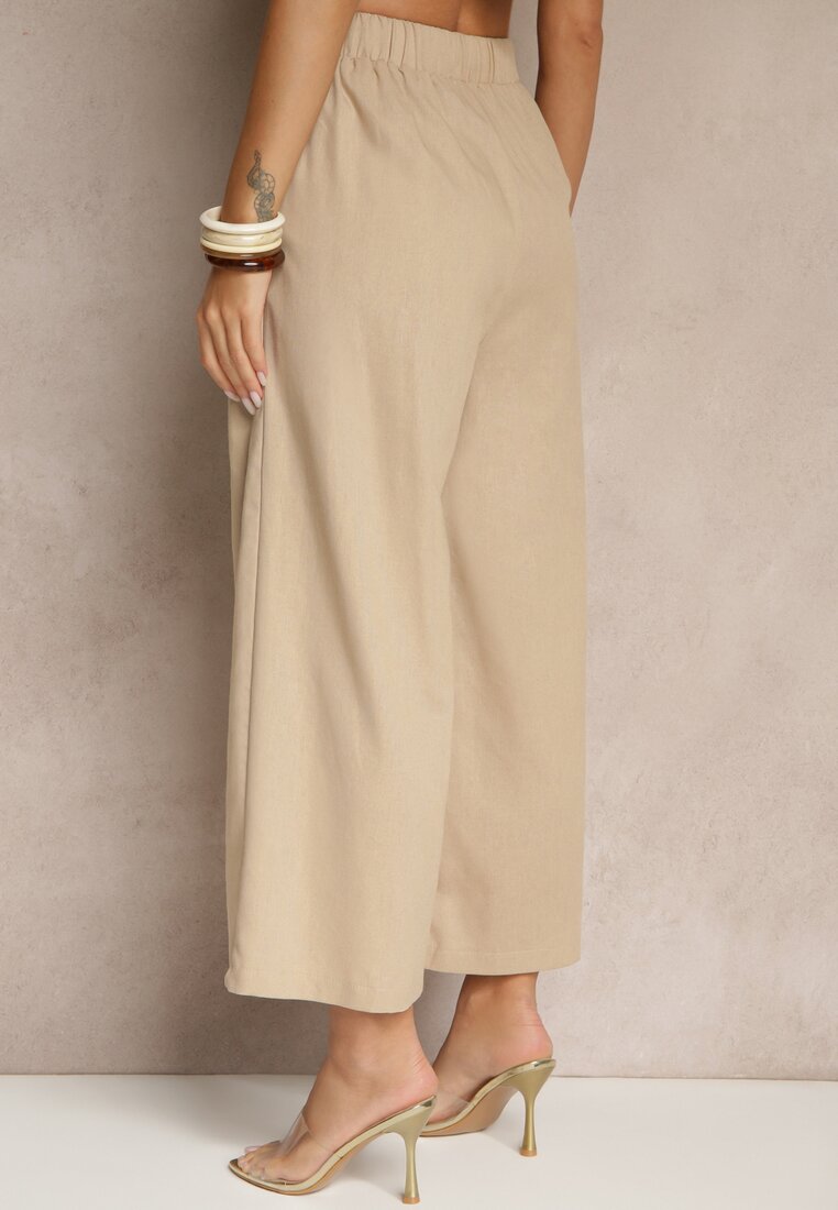 Ciemnobeżowe Spodnie Culottes High Waist z Bawełny Zdobione Guzikami Izuma
