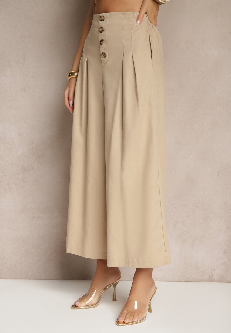 Ciemnobeżowe Spodnie Culottes High Waist z Bawełny Zdobione Guzikami Izuma