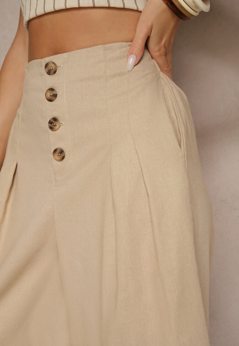 Ciemnobeżowe Spodnie Culottes High Waist z Bawełny Zdobione Guzikami Izuma