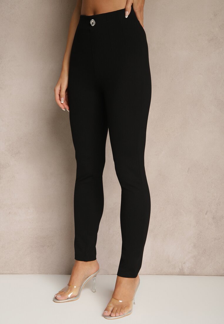 Czarne Legginsy High Waist z Wiskozą z Cyrkoniowym Guzikiem Naliselle