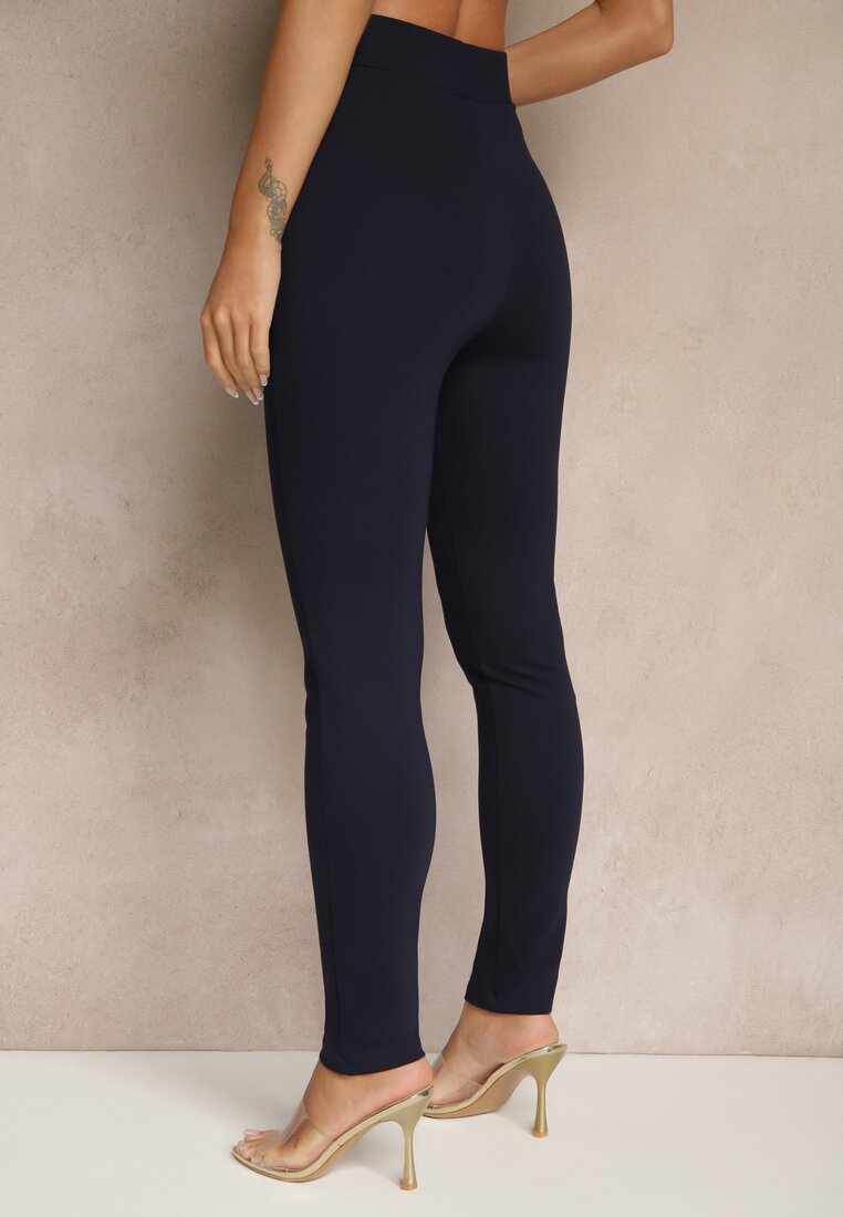 Granatowe Legginsy High Waist z Wiskozą z Cyrkoniowym Guzikiem Naliselle