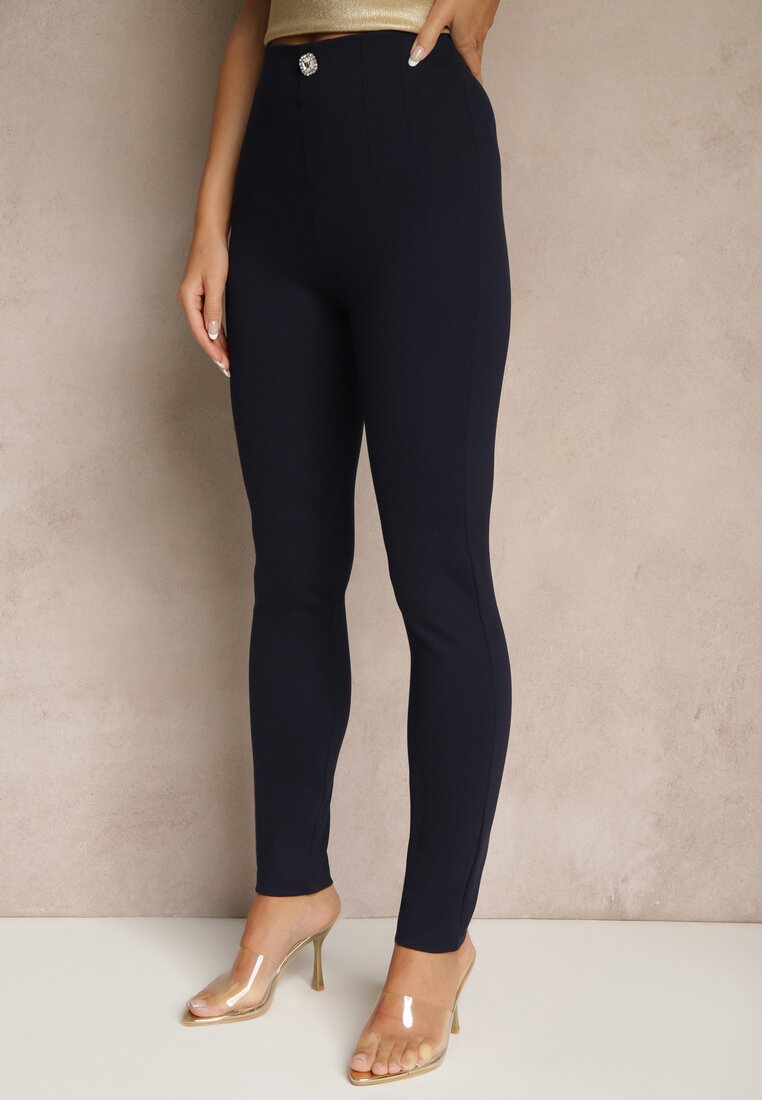 Granatowe Legginsy High Waist z Wiskozą z Cyrkoniowym Guzikiem Naliselle