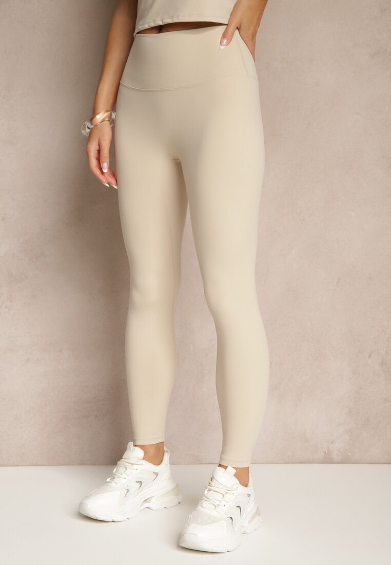 Beżowy Komplet Sportowy Legginsy i T-shirt o Dopasowanym Kroju Silanessa