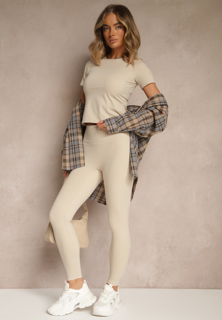 Beżowy Komplet Sportowy Legginsy i T-shirt o Dopasowanym Kroju Silanessa