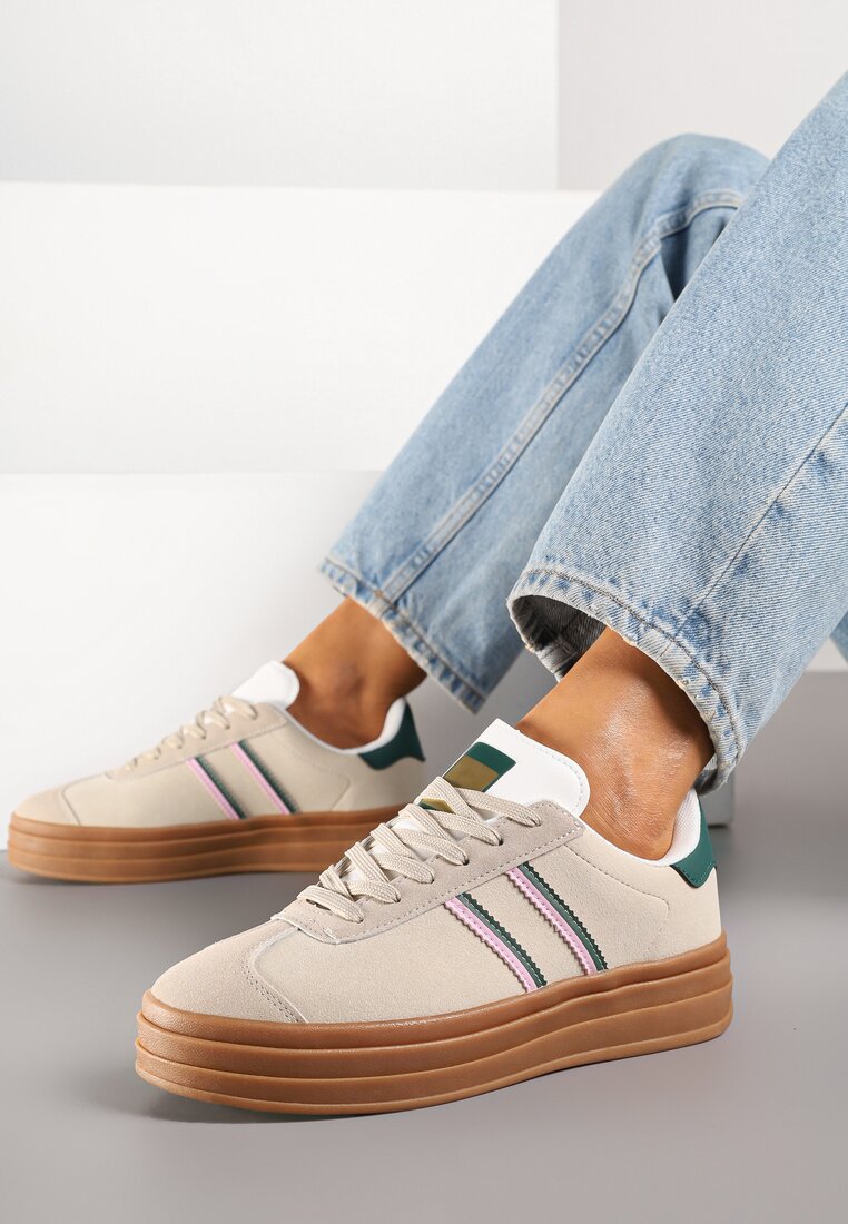 Beżowo-Zielone Klasyczne Sneakersy na Niewysokiej Platformie Terilee