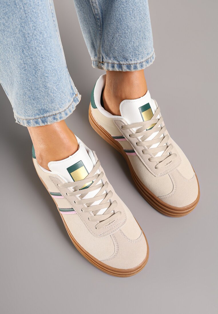 Beżowo-Zielone Klasyczne Sneakersy na Niewysokiej Platformie Terilee