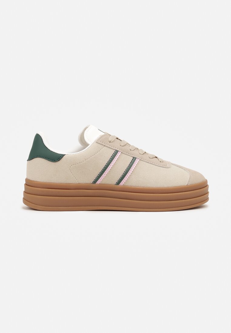 Beżowo-Zielone Klasyczne Sneakersy na Niewysokiej Platformie Terilee