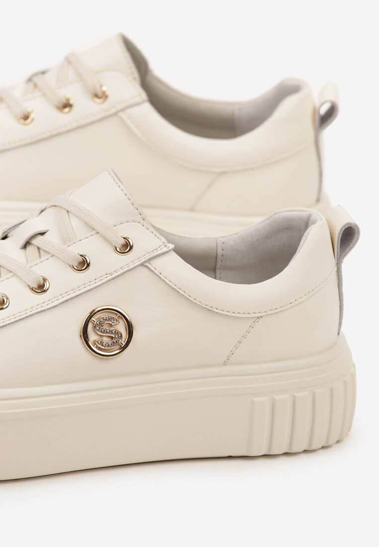 Beżowe Sneakersy na Platformie ze Skóry Naturalnej z Metaliczną Ozdobą Dolennea