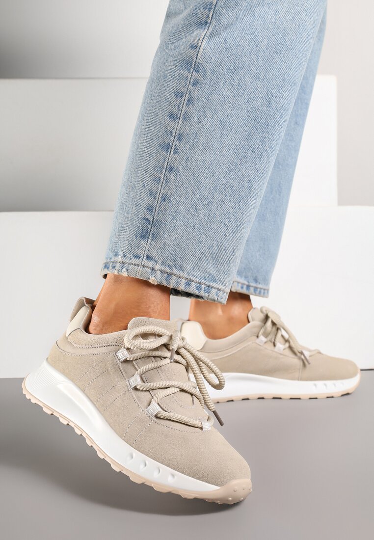 Beżowe Zamszowe Sneakersy z Wkładką ze Skóry Naturalnej Dolavienne