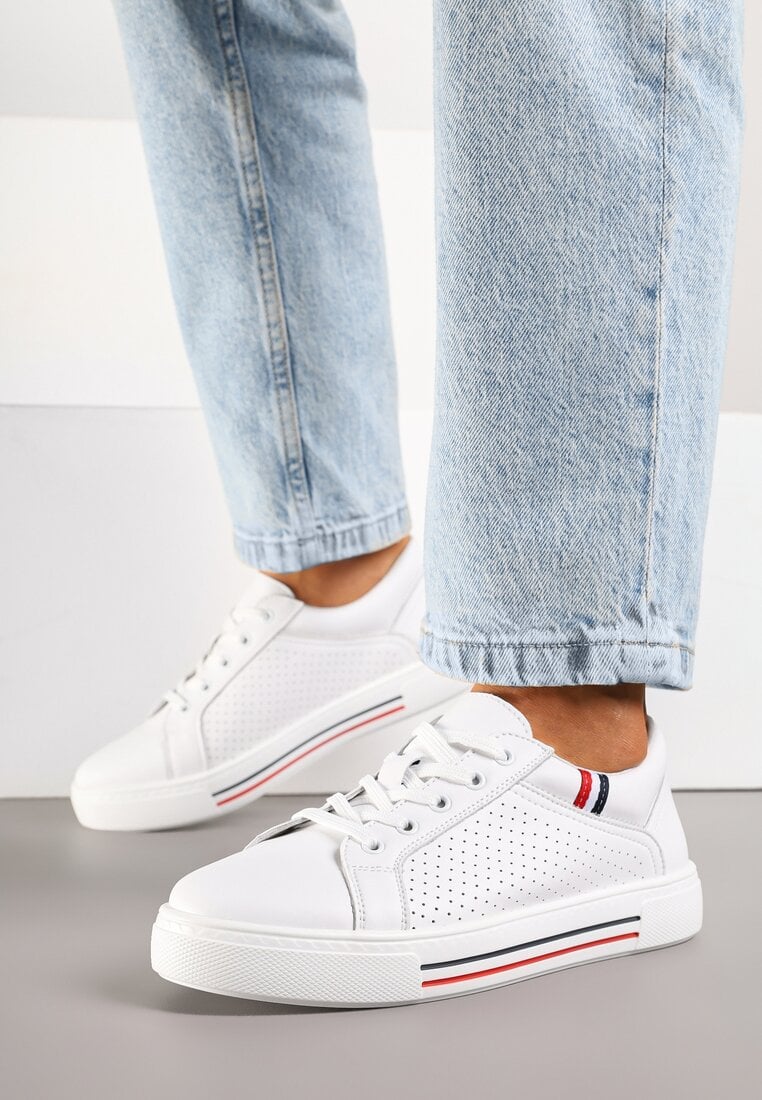 Białe Sneakersy Tenisówki ze Skóry Naturalnej Zdobione Perforacją Tillirene