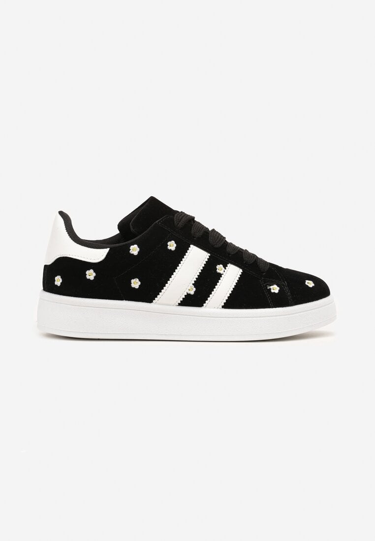 Czarne Sneakersy Ozdobione Haftowanymi Kwiatami i Paskami Malirelle