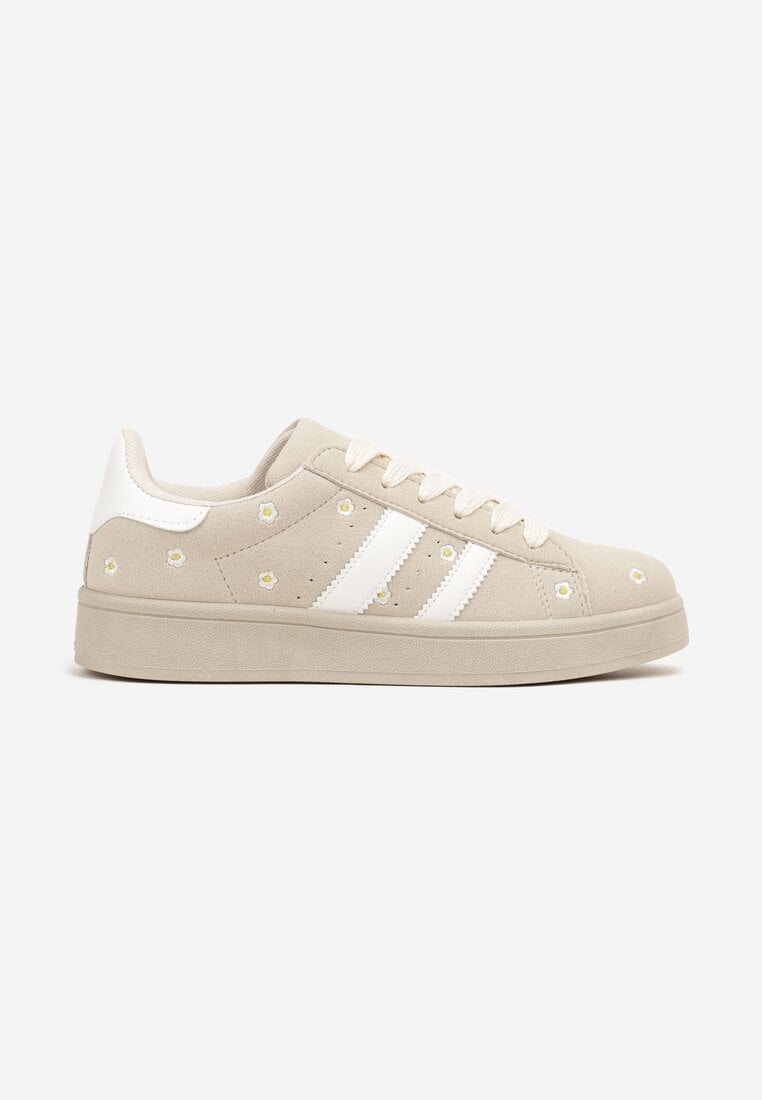 Beżowe Sneakersy Ozdobione Haftowanymi Kwiatami i Paskami Malirelle