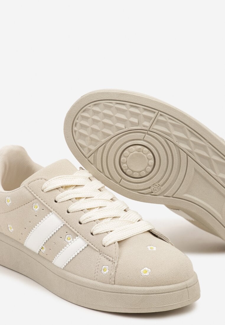 Beżowe Sneakersy Ozdobione Haftowanymi Kwiatami i Paskami Malirelle