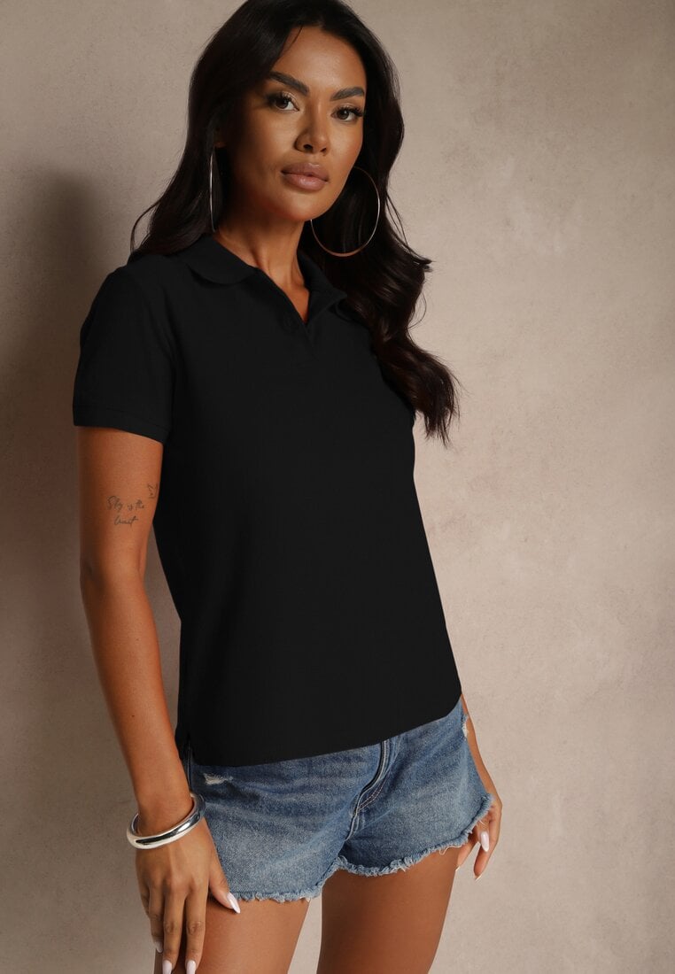 Czarny Bawełniany T-shirt Typu Polo Arsenllia
