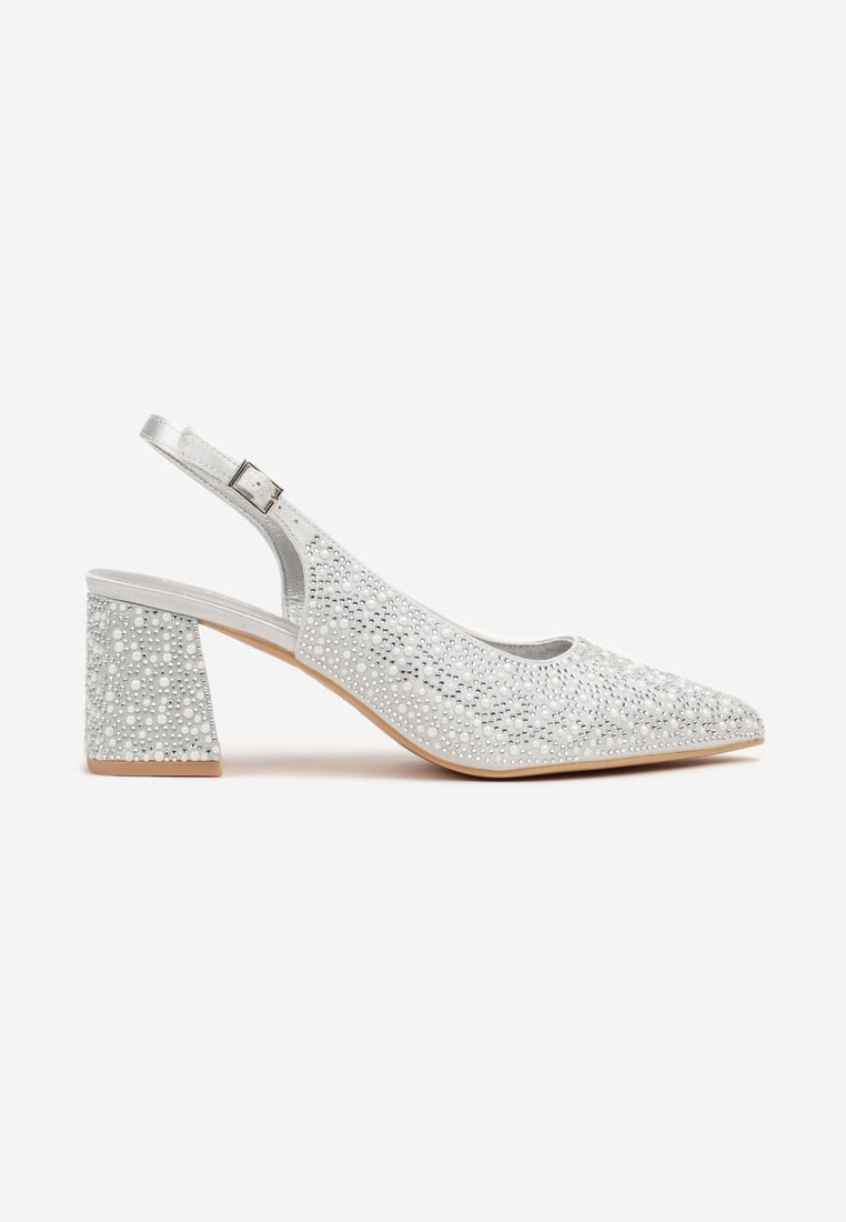 Srebrne Sandały na Słupku Slingback Ozdobione Cyrkoniami Melanetta