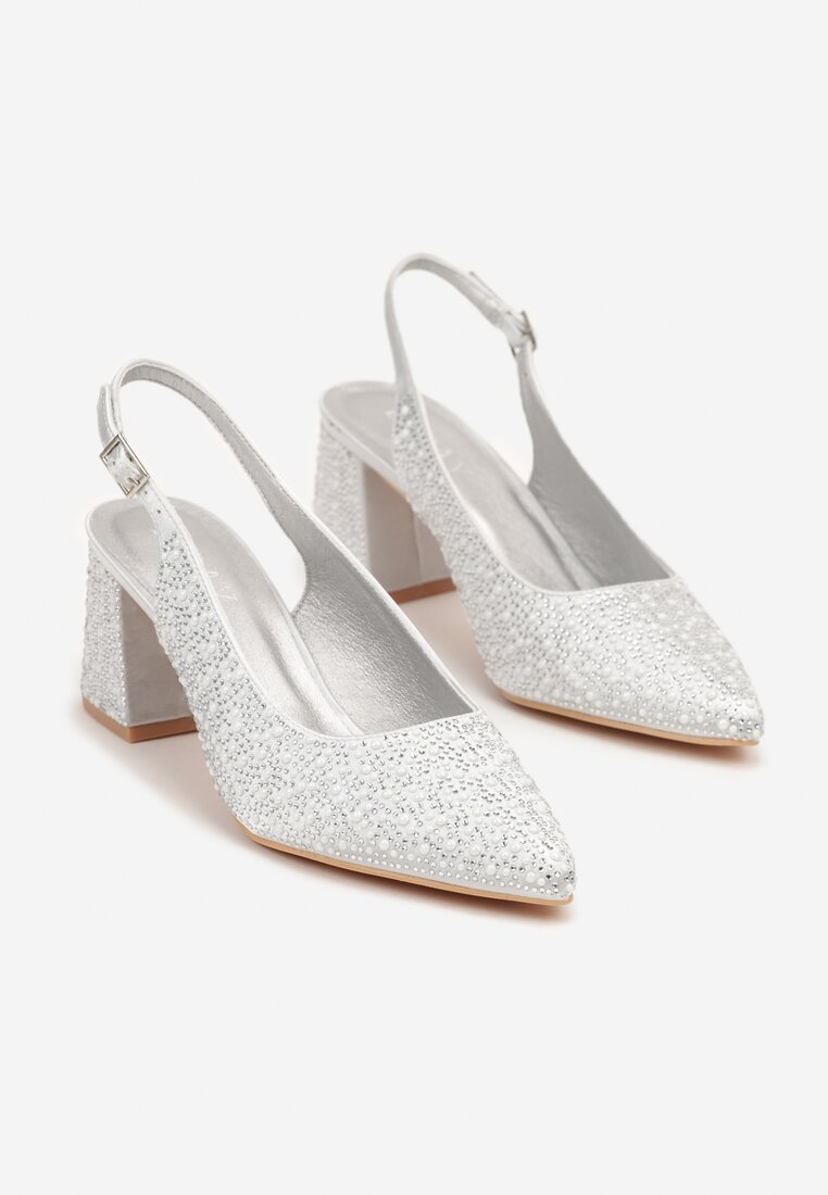 Srebrne Sandały na Słupku Slingback Ozdobione Cyrkoniami Melanetta