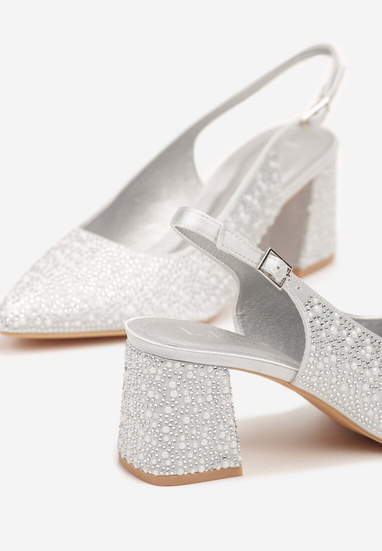 Srebrne Sandały na Słupku Slingback Ozdobione Cyrkoniami Melanetta