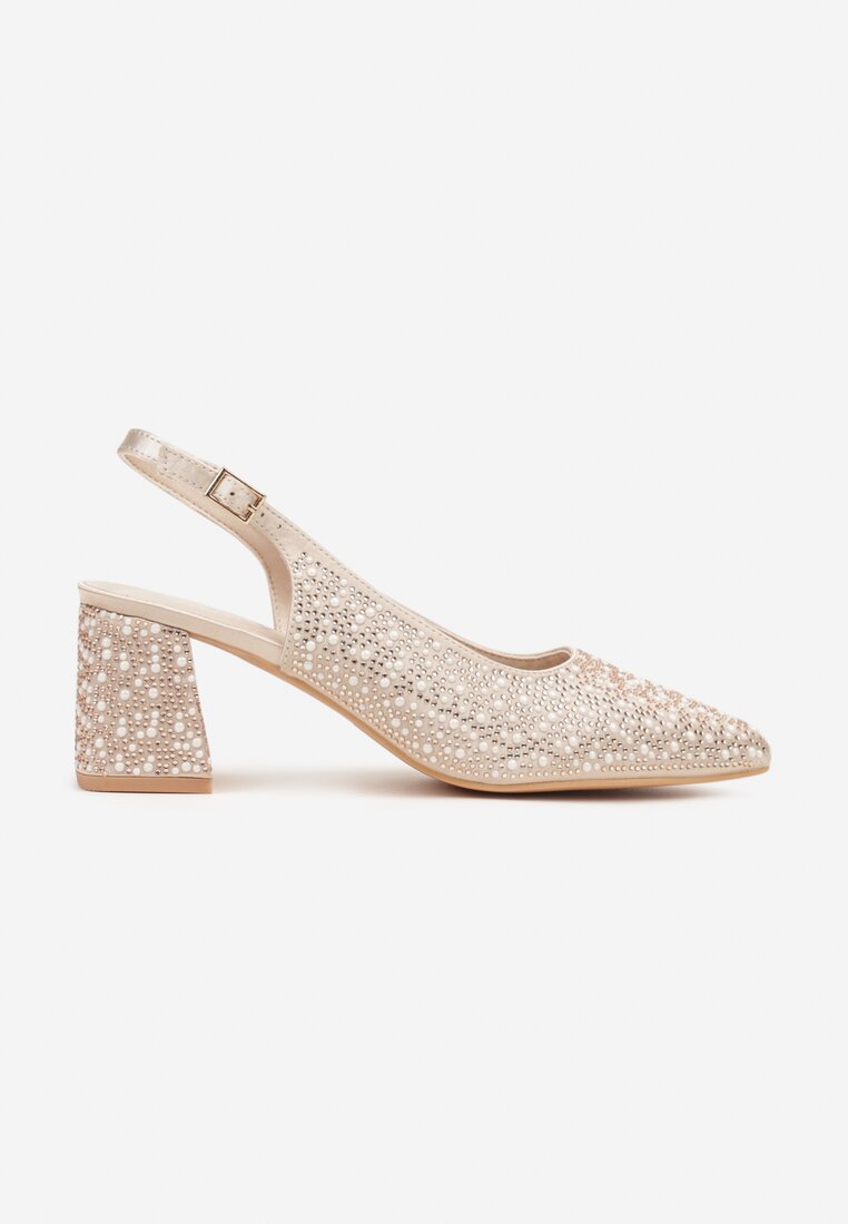 Beżowe Sandały na Słupku Slingback Ozdobione Cyrkoniami Melanetta