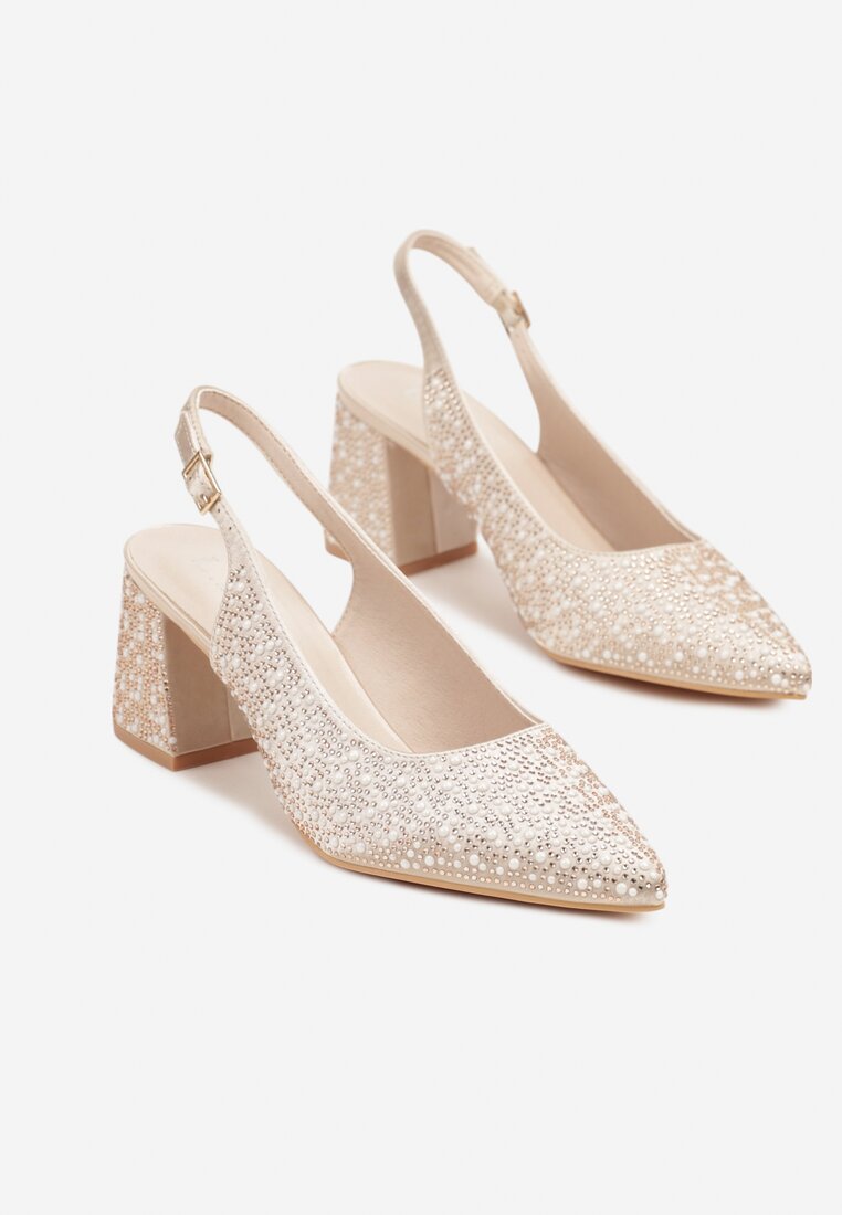 Beżowe Sandały na Słupku Slingback Ozdobione Cyrkoniami Melanetta